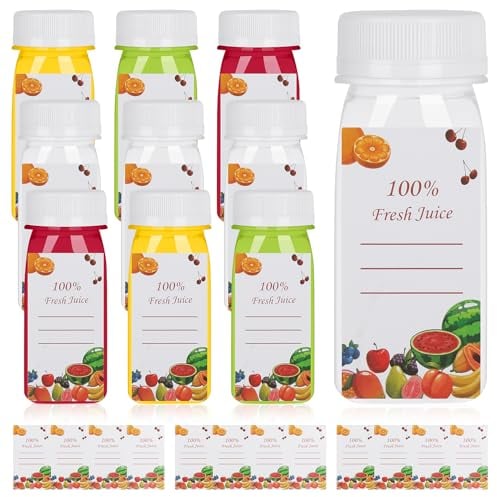 10 Pezzi Bottiglia di Succo con Tappo,100ml Bottiglia Plastica Riutilizzabile,Mini Bottiglie di Plastica con Adesivi,Bottiglie trasparenti vuote per Conservare Succhi, Bevande e Acqua