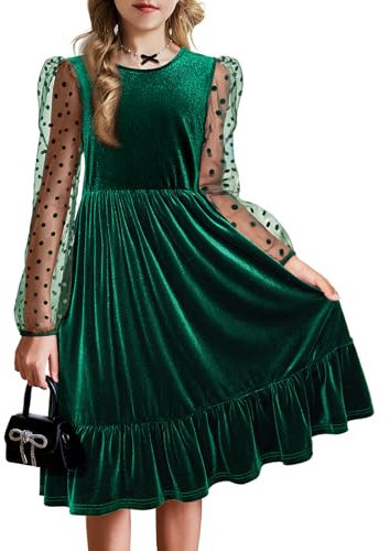 Arshiner Girls Velvet Dress With Long Mesh Sleeves - A-Line Casual Plain Formal Children's Christmas Autumn Dress With Pocket for Party - Green 11-12 Years