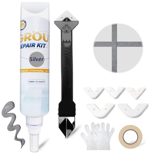 SZ-KARIDGE Fliesenfugen Reparatur Set, 500g Fugenversiegler für Fliesen Reparieren und Erneuern mit 3-in-1 Reparaturspachtel Wasserdichte Fugenfüller für Dusche Bad Küche Bodenfliese (Silber)