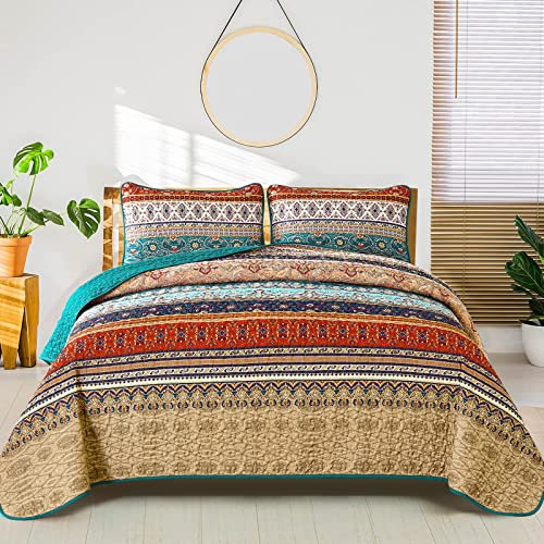 WONGS BEDDING Tagesdecke 200x220 Bettüberwurf Boho Decke Steppdecke 3 Teilig Doppelbett Gesteppt Bettdecke Mikrofaser Wohndecke mit 2 Kissenbezug 50x75 für Schlafzimmer als Sofaüberwurf (Braun)