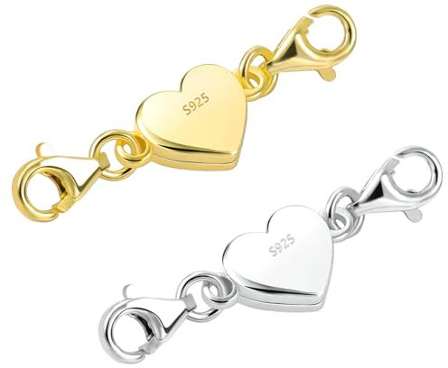 Tongyixin 2 Stück Gold Herz Magnetverschluss Kette 925 Silber Kette Damen Magnetverschluss Armband Schmuck Armband Verschluss Halskette Herren DIY Jewellery Accessories(1 Stück Silber,1 Stück Gold)