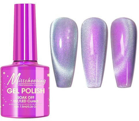 Cat Eye Gel Nail Polish - Sheer Purple Glitter Gel Nail Varnish - Magnetic Gel Nail Polish Soak off UV/LED Lamp - No Chip Long Lasting Cat Eye Gel Polish for DIY Nail Art Design
