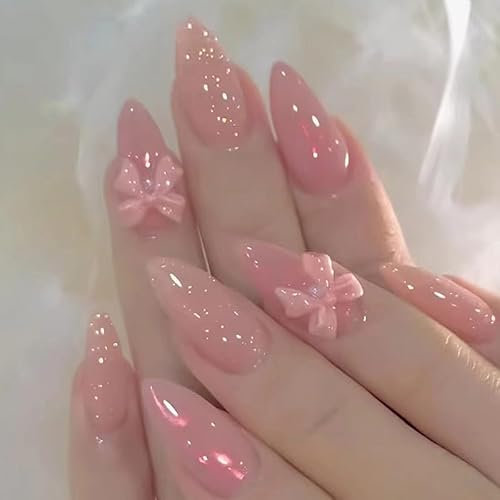 Goiern Lot de 24 faux ongles en forme d'amande rose avec paillettes en acrylique - Moyen brillant