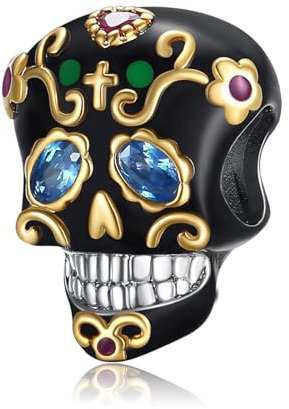 NUNUYAYA Charms Abaloriosde Cuentas Plata de Ley 925 con Circonita Cúbica Black Skull Charms Colgante Compatible con Niña Mujer Europeo Pulsera Collar