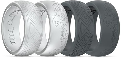 King Will Silicone Mens Ring for Men - 8mm Wide Rubber Engagement Bands, Geometry/Waves Etched Design, Comfort Fit Ring - Variety Multipack Silver/Grey Size T 1/2(62.08mm)