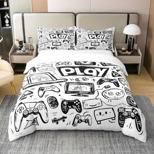 Kinder Gaming 100% Baumwolle Bettbezug 155x220,Gamer Bettwäsche Set für Jungen Mädchen,Gamepad Videospiele Tröster Abdeckung Schwarz Weiß Graffiti Schlafzimmer Dekor Bettbezug