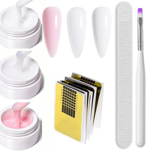 Builder Gel for Nails, 3PCS Nail Extensions Kit, White Pink Hard Gel Polygel Nail Kit, Builder Gel Nail Kit Poly Gel for Nail Extension Kit with Nail Tool Kit, Nail Art DIY for Women