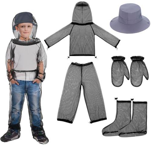 Threehoney Kids Mosquito Outdoor Suit Breathable Net Fishing Hat Netting Protection Cap Hood Ultra-fine Mesh Jacket and Pants Mitt Socks for Girls Boys Gardening Camping Hiking