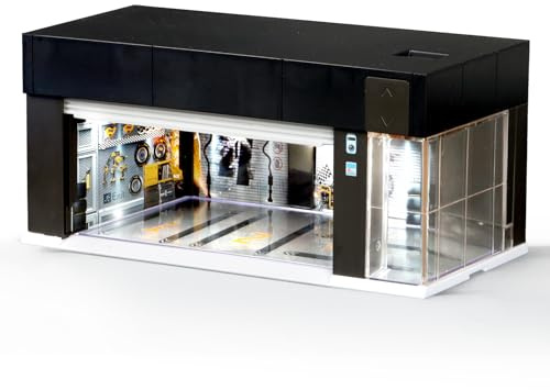 MOCBURIKU 1/64 Electric Garage Display Case for Hot Wheels with LED Lights | Voice & Touch Control, Stackable Diorama Garage, 3 Interchangeable 3D Scenes, Type-C/Battery Powered for Diecast Cars