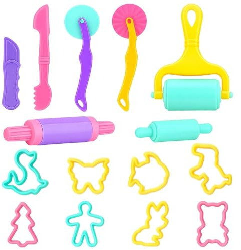 15Pcs Playdough Set, Clay Dough Tool Kit, Creative Play Doh Tools Kit for Kids with Cutters, Rollers & Moulds and 8 Animal Molds, Creation Educational Toy Gift Set, Dough Tools Set for Kids Toddlers
