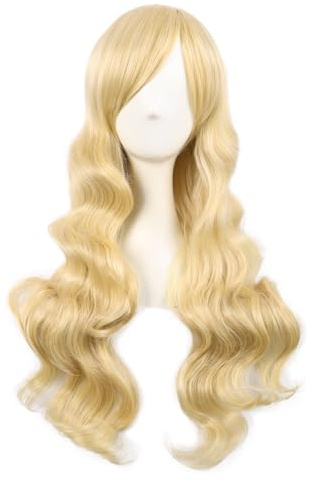 MapofBeauty 28 Inch Women Side Bangs Long Curly Synthetic Wig, Mixed Golden