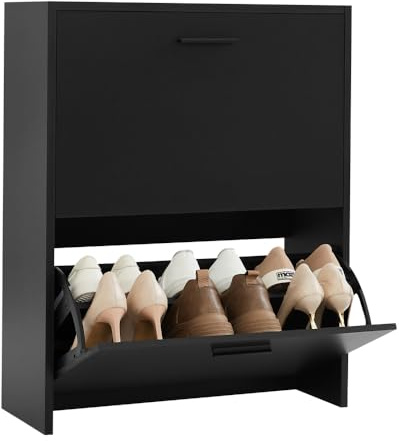 CASABEL Schuhschrank kompakt 12 Paar, Schwarze Türen und Rahmen | Schuhaufbewahrung, 2 Klappen, große Kapazität, verstellbare Regale, platzsparend, modernes Design, einfache Montage