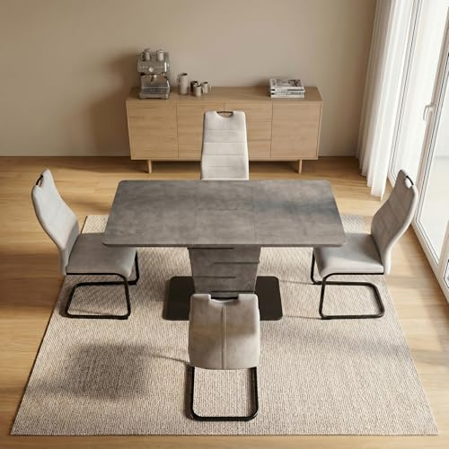 JIEXI Essgruppe mit 4 Stühlen, Ausziehbarer Esstisch mit 4 Freischwingern, Betonoptik Grau, 120–160 cm, 150 kg Tragkraft, Modernes Design für Küche & Wohnzimmer