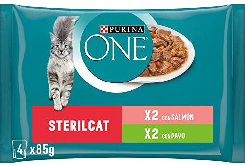 PURINA ONE Sterilcat, Comida Húmeda para Gato Esterilizado Adulto, Trocitos en Salsa, Surtido de Salmón y Pavo, 12 Packs de 4 Sobres de 85 g. (48 sobres)