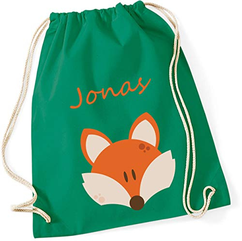 minimutz Turnbeutel mit Namen personalisiert & Bedruckt | Motiv Fuchs | Stoffbeutel Schuhbeutel Sportbeutel für Kinder Jungen & Mädchen | inkl. NAMENSDRUCK | blau orange Navy (kellygrün)