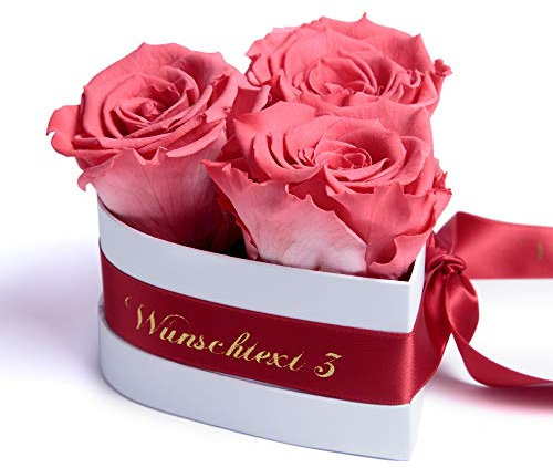 ROSEMARIE SCHULZ Heidelberg Infinity Rosenbox Herz Wunschtext personalisiert - 3 ewige Rosen korall-rot in Box 10x12cm haltbar 3 Jahre - persönliche Beste Freundin Geschenke (Wunschtext, Korall)