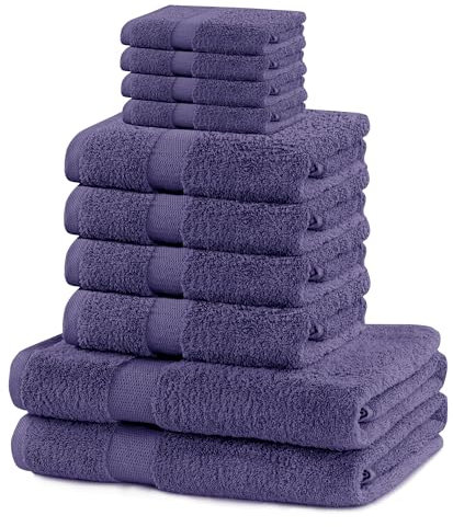 DecoKing 10er Set Baumwolle Qualität 525g/m² 4 Gästehandtücher 30x50 cm 4 Handtücher 50x100 cm und 2 Badetücher 70x140 cm violett saugfähig Marina