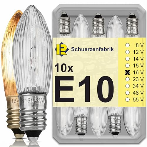 10x Spitzkerzen E10 16V 3W Ersatzbirne Glühbirnen Topkerze für Lichtbogen und Schwippbogen 2200K