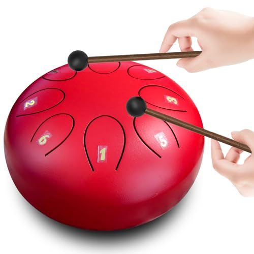 REGIS Zungentrommel 6 Zoll 8 Töne - Tongue Drum mit Schlägeln - Musikinstrument für Therapie & Draußen - Geschenk für Erwachsene (Rot)