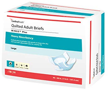 Cardinal Health™ Quilted Adult Briefs, Wings™ Plus, Heavy Absorbency, Size Large, Unisex Adult Briefs, Disposable Incontinence Diapers with Refastenable Tabs – Case of 4 Bags of 18 Briefs (72 Total)