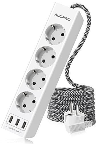 Multiprise USB avec 4 Prises, AUOPRO Multiprise Électrique avec 3.4A 3 Ports USB, Bloc Multiprise (2500W/10A) avec Interrupteur, Cordon 1.8M pour Maison, Bureau, Montage Murale