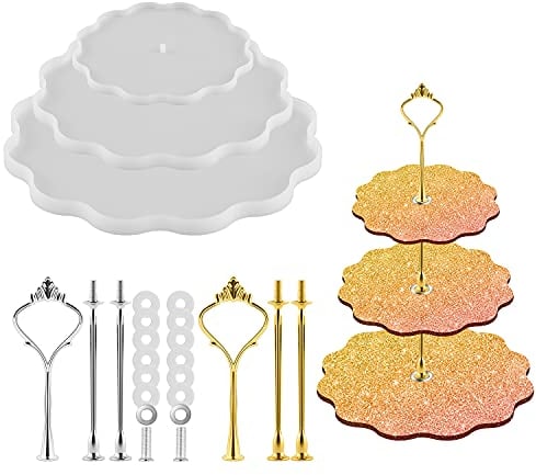 3 Tier Cake Stand Resin Mold with a Set of Golden Bracket and a Set of Silver Bracket Irregular Epoxy Silicone Casting Mould Set for Home Party Wedding Decoration