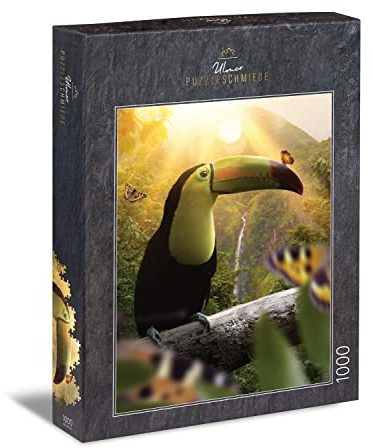Ulmer Puzzleschmiede - Puzzle „Tukan und Pfauenauge“ - Exotisches 1000 Teile Puzzle – Tiere und Natur einfallsreich inszeniert: Schmetterlinge begrüßen den bunten Specht-Vogel im Amazonas-Regenwald