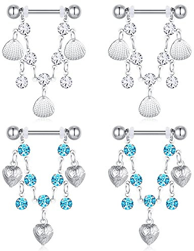 D.Bella 4Pcs Brustwarzenpiercing Nippelpiercing Chirurgenstahl 14G 16mm Piercing Brustwarze Nippel Ring Barbell mit Hohle Herzförmige Muschel Glocken CZ Kette