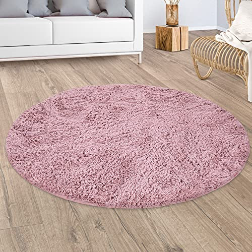Paco Home Hochflor Teppich Wohnzimmer Shaggy Moderner Fellteppich Imitat Kunstfell Flauschig rutschfest Einfarbig Rosa Altrosa, Grösse:80 cm Rund