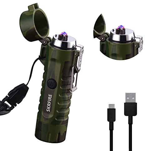 SKRFIRE Windproof Dual Arc Electric Lighter with LED Flashlight Rechargeable USB Lighters, Flameless Plasma Lighter with Lanyard for Camping, Hiking (Camouflage)
