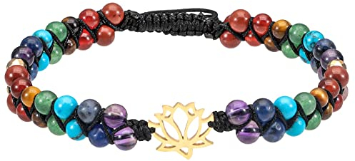 KYEYGWO 7 Chakren Stein Perlenarmband für Damen und Herren, Verstellbare Doppelt Geflochtenes Armbänder Kristall Blume des Lebens Armband Yoga-Armband Edelstein Schmuck