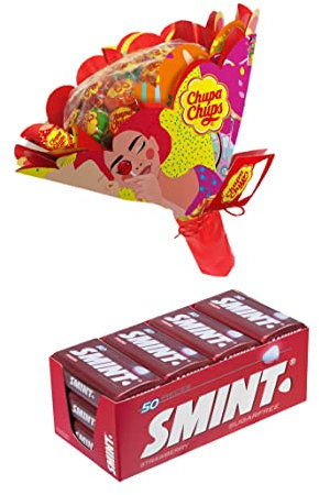 Chupa Chups Caramelo con Palo de Sabores Variados, 19 x 12g + Smint Tin Fresa, Caramelo Comprimido Sin Azúcar - 12 unidades de 35 gr, (Total 420 gr.)