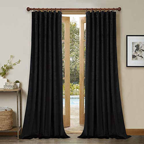 StangH, Black Blackout Velvet Curtains 229 cm Long with Back Loops Heavy Thick Thermal Curtains Elegant Home Decor for Home Theater Bedroom Dining Room 132 x 229 cm 2 Panels