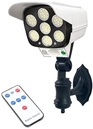 Luz Solar 77LEDs con Sensor de Movimiento. Lámpara Solar de Vigilancia con Forma de Cámara de Seguridad con Soporte de Pared + Control Remoto. Iluminación de Exteriores.