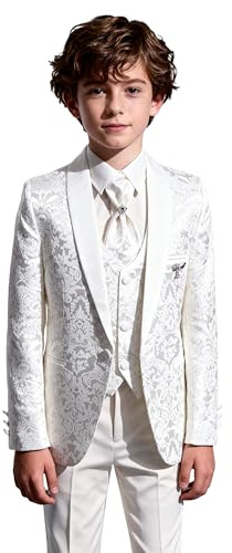 Boy’s Patterned Communion Tuxedo Suit Slim Fit 5 Piece Complete Occasion Outfit Set Harput 23 Ivory, Age 16 Years US