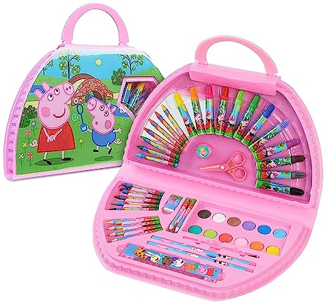 Peppa Wutz 50-teilig Malset, Kinder Malset mit Buntstiften, Wasserfarben, Malstiften und Mehr, Rosa Malkoffer für Kinder mit Tragegriff