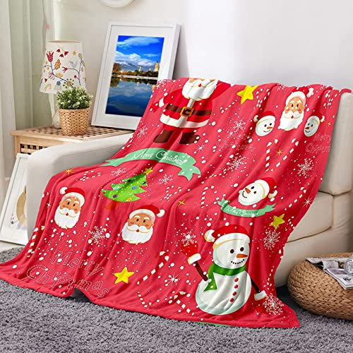 Banemi Flanelldecke Groß, Wohndecke Pad Weich Rot Sofaüberwurf Weihnachtsmann und Schneemann Sofadecke Couchdecke 80X120CM
