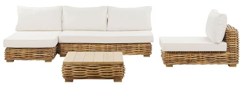 Beliani Lounge Set Rattan natürlich 4 Personen rechtsseitig Auflagen cremeweiß Varallo