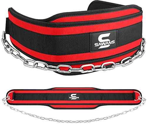 Dip-Gürtel mit 91,4 cm Heavy Duty Bodybuilding Gewichtheben Dip Stahlkette für Klimmzüge Übung Fitnessstudio Workout Powerlifting Training Neopren Rückenstütze Männer (Rot, Einheitsgröße)