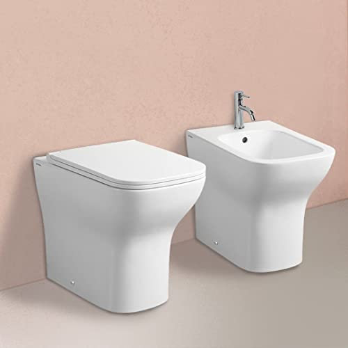 Kiamami Valentina - Coppia bidet + wc a terra installazione filo muro in ceramica bianca