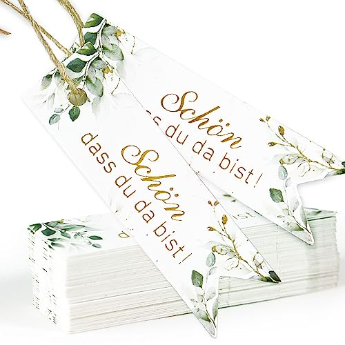 COLOFALLA 50 Stück Schön Dass Du Da Bist Anhänger Hochzeit Geschenkanhänger Kommunion Konfirmation Eukalyptus Etiketten Tags Deko für Gastgeschenke Taufe Party mit 10M Juteschnur (50)