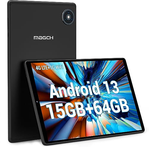 MAGCH Android 13 Tablet10.1Pollici Tablet PC con WiFi e SIM 15GB RAM 64GB ROM,8MP + 13MP1920*1200 Schermi HD IN-Cell, 8000mAh Doppia fotocamera, Face ID,Nero-con custodia