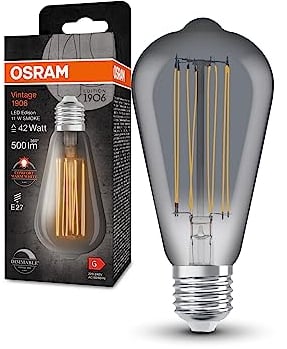 OSRAM Vintage 1906 LED-Lampe mit Smoke-Tönung, 11W, 500lm, Edison-Form mit 64mm Durchmesser & E27-Sockel, warmweiße Lichtfarbe, gerades Filament, dimmbar, bis zu 15.000 Stunden Lebensdauer