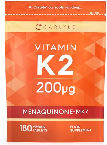 Vitamin K2 MK7 200ug | 180 Vegan Tablets | High Strength Menaquinone-MK7 | Suitable for Vegetarians and Vegans | by Carlyle