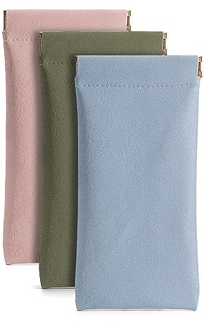 Ldirect 3 Pack Leather Eyeglasses Cases PU Soft Sunglasses Pouch Squeeze Top Portable Glasses Cases for Men Women (Pink Blue Green)