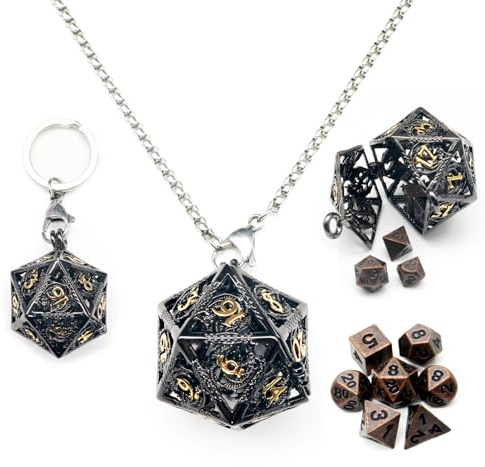Haxtec Mini Dice Metall DND DICE Set mit schwarzem Gold Hohlhöhle D20 Halskette Dice Hülle Antike winzige Kupfermetallwürfel Set D & D Keychain Tragbares 7pcs Würfelsatz Set