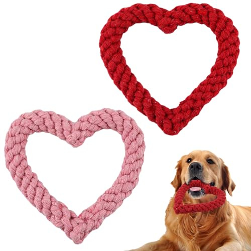 XIHIRCD 2pcs Valentine's Day Dog Chew Rope, Heart Shape Pet Chew Toy Valentine Pet Teeth Toy Calm Down Toy for Puppies (Pink & Red)