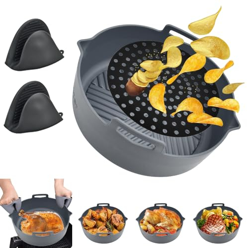 NAROSEBE Moule Silicone Air Fryer sans BPA, Panier Silicone Air Fryer avec Gant et Tapis Air Fryer, Moule pour Friteuse à Air 20.5cm, Plat Silicone Air Fryer Rond, pour Cuisson Cuisine Four Air Fryer