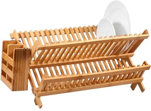 Gatphy Dish Rack 2 Tier Bamboo Dish Drying Rack Collapsible 20 Slots with Cutlery Barrel Kitchen Plate Drainer Storage Stand for Bowls Coasters Cups Cutting Board