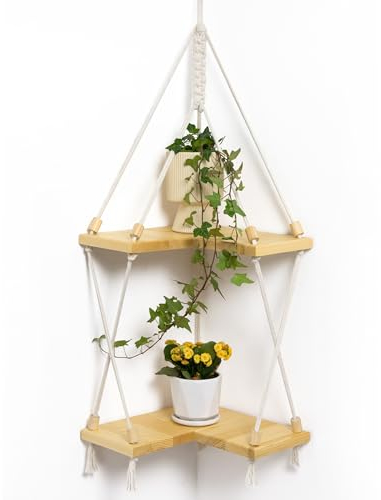 Mazjoaru Eckregal hängend Holz, 2er Set L-förmiges Wandregal Ecke, Makramee Boho Massivholz Wanddeko, für Schlafzimmer Wohnzimmer Küche Balkon